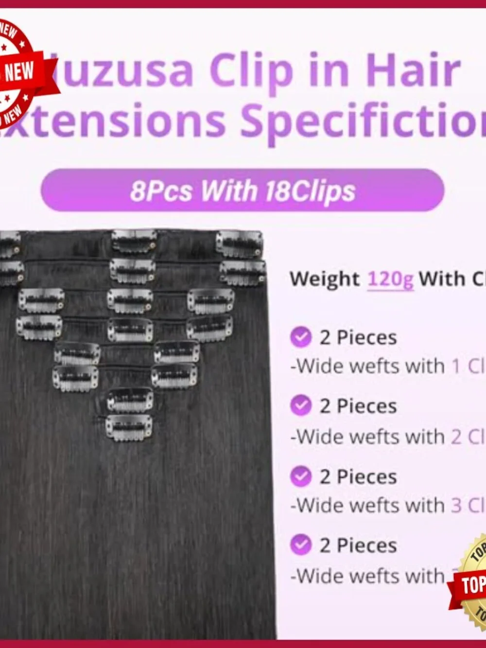 24 Inch Clip In Human Hair Extensions, 8 Piece Set, Seamless Straight